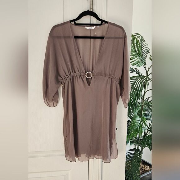 Sheer Taupe V-Neck Swim Covee with Ring Detail - Picture 4 of 4